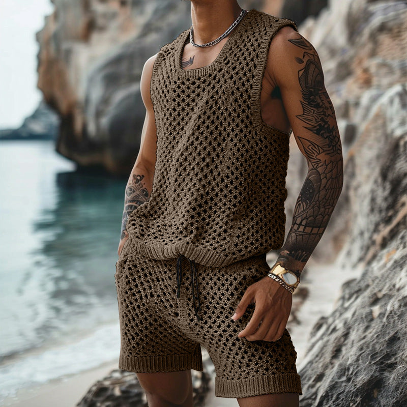 Summer Casual Sleeveless Men's Crochet Tank Top Shorts Two Piece Set 6