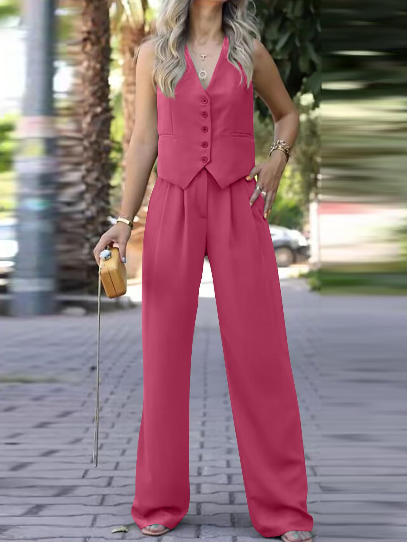 Women V-Neck Sleeveless Vest and Wide Leg Trousers Two Piece Set 14