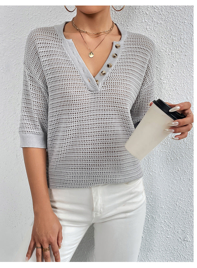 Women Casual V-neck Hollow Knitting Short Sleeve Top 3