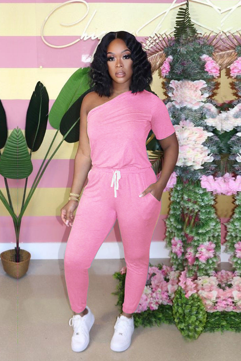 Sexy Women's Slash Shoulder Half Sleeve Solid Color Slim Fit Women's Sports Jumpsuit 17