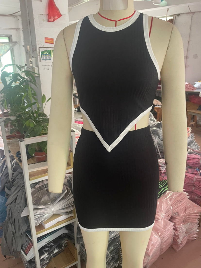 Contrast Trim Sexy Vest Tight Fitting Mini Skirt Set 7