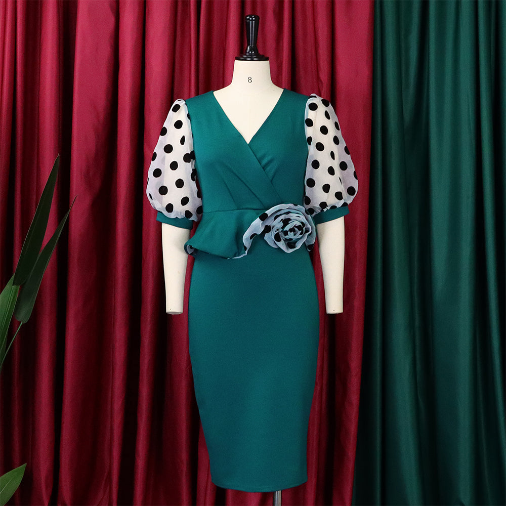 Plus Size Women'S Fashion Dot Mesh Patchwork V Neck Chic Career Bodycon Dress 10