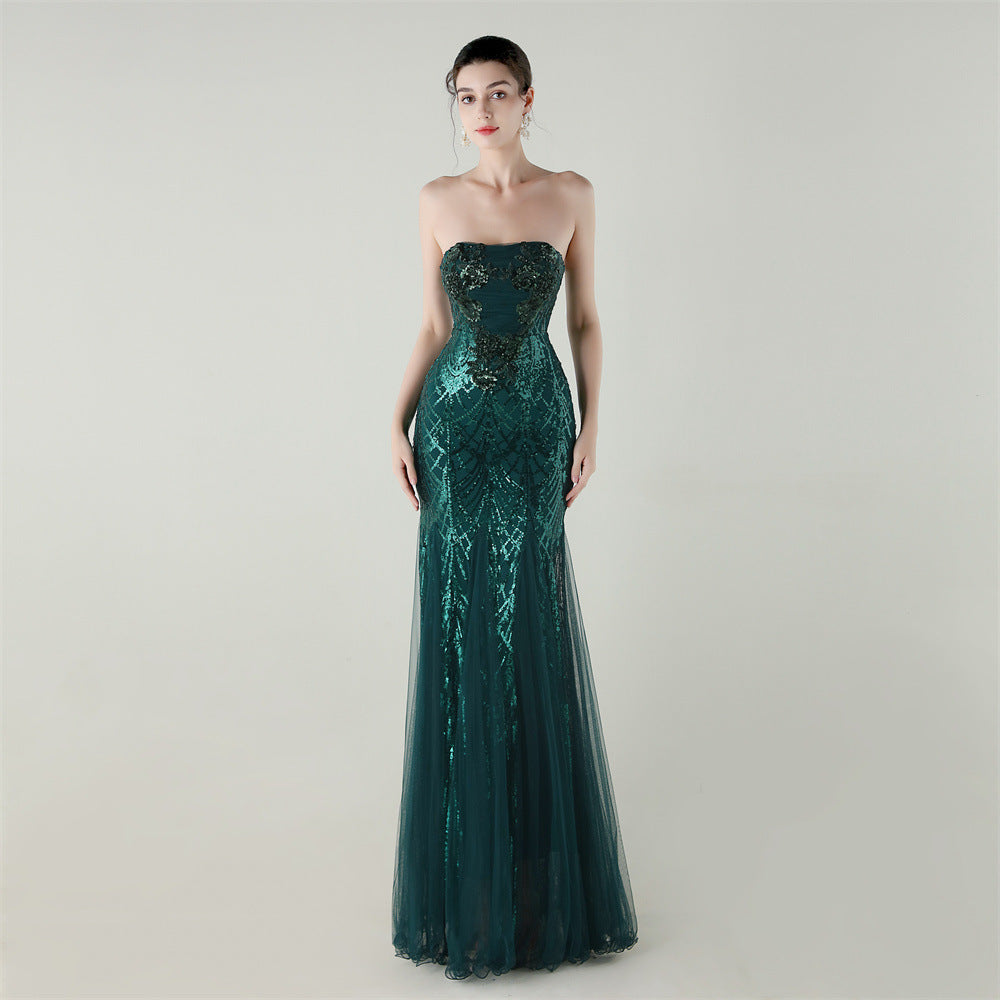 Women Strapless cross Lace-Up sequined tube flower sequined mesh evening dress Formal Party evening dress 19