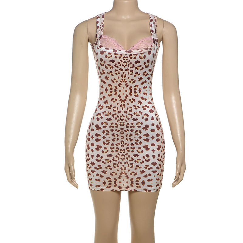 Women's Spring Sexy Lace Patchwork V-Neck Bodycon Leopard Dress 11