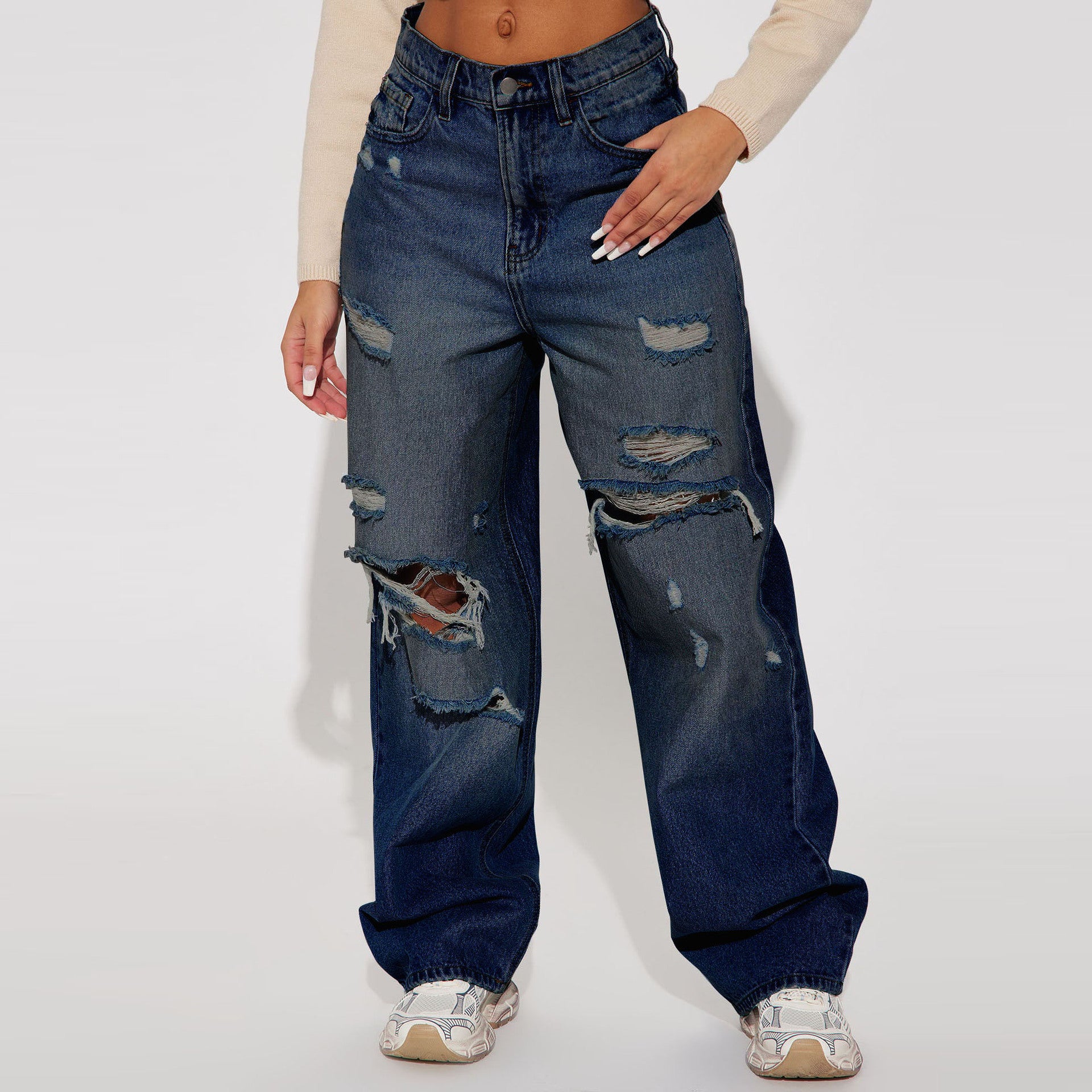 Women Winter Street Irregular Ripped Denim Straight Pants 8