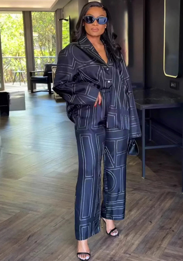 African Women Turndown Collar Long-sleeved printed shirt and wide-leg pants two-piece set