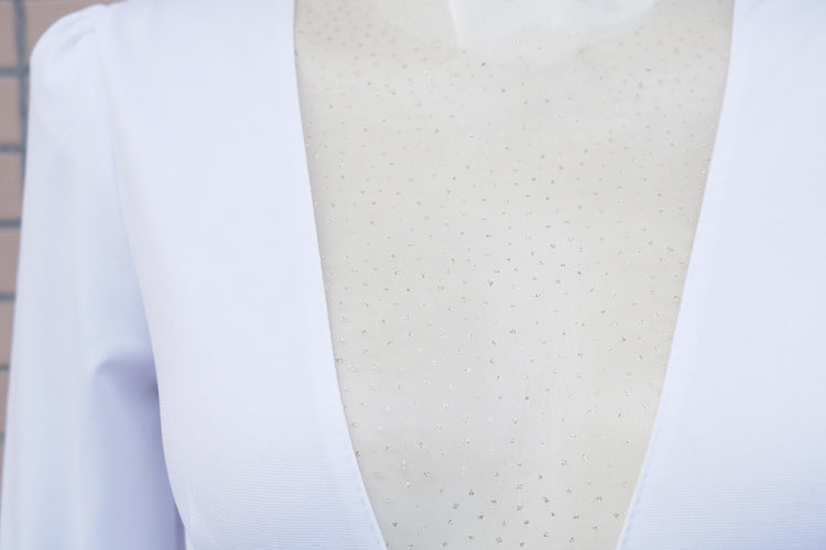 Fall Elegant White Beaded Mesh Patchwork V-Neck Fur Long Sleeve Wide Jumpsuit 8