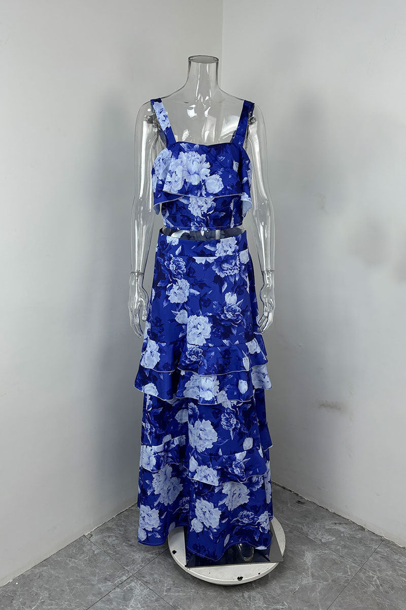 Women Beach Edge Holidays Printed Suspender Top Cascading Ruffles Skirt Two-Piece Set 21