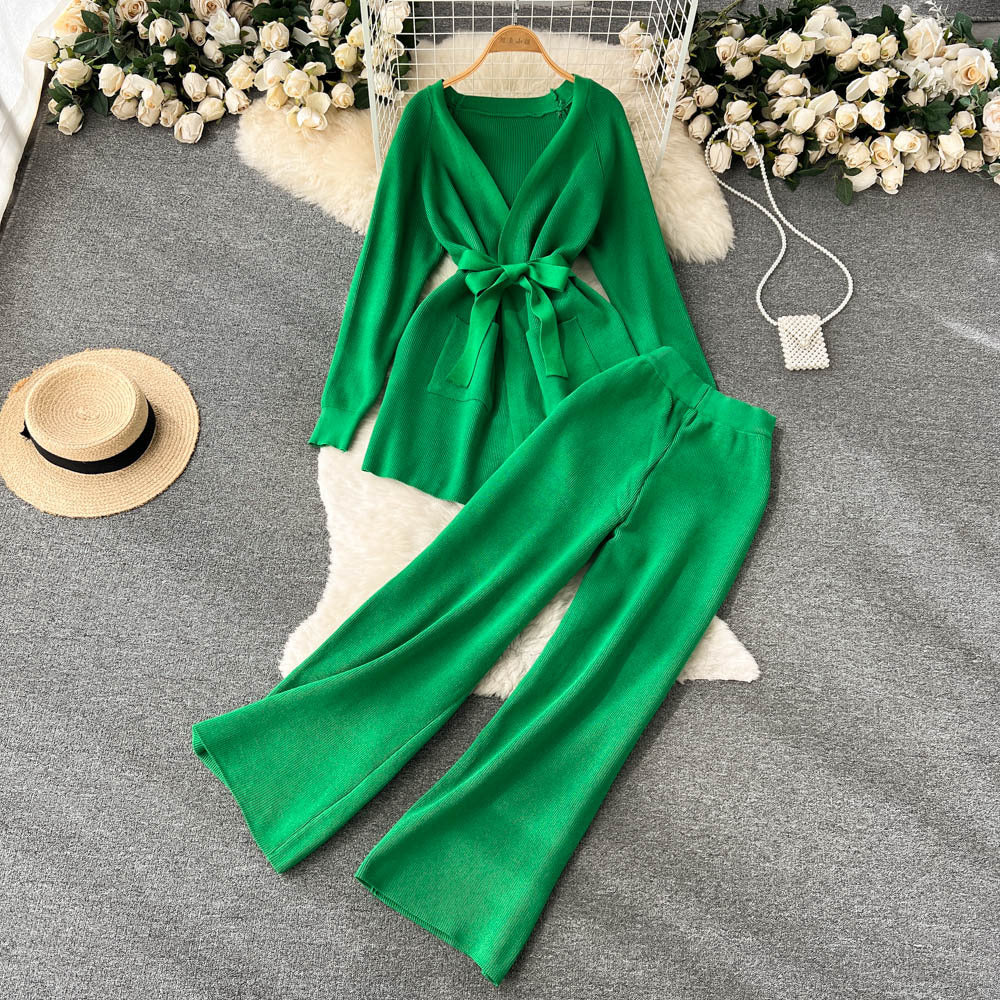 Women autumn lace-up long-sleeved knitting cardigan jacket and loose wide-leg pants two-piece set 17