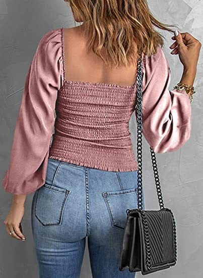 Women Solid Square Neck Long Sleeve Lantern Sleeve Pleated Top 6