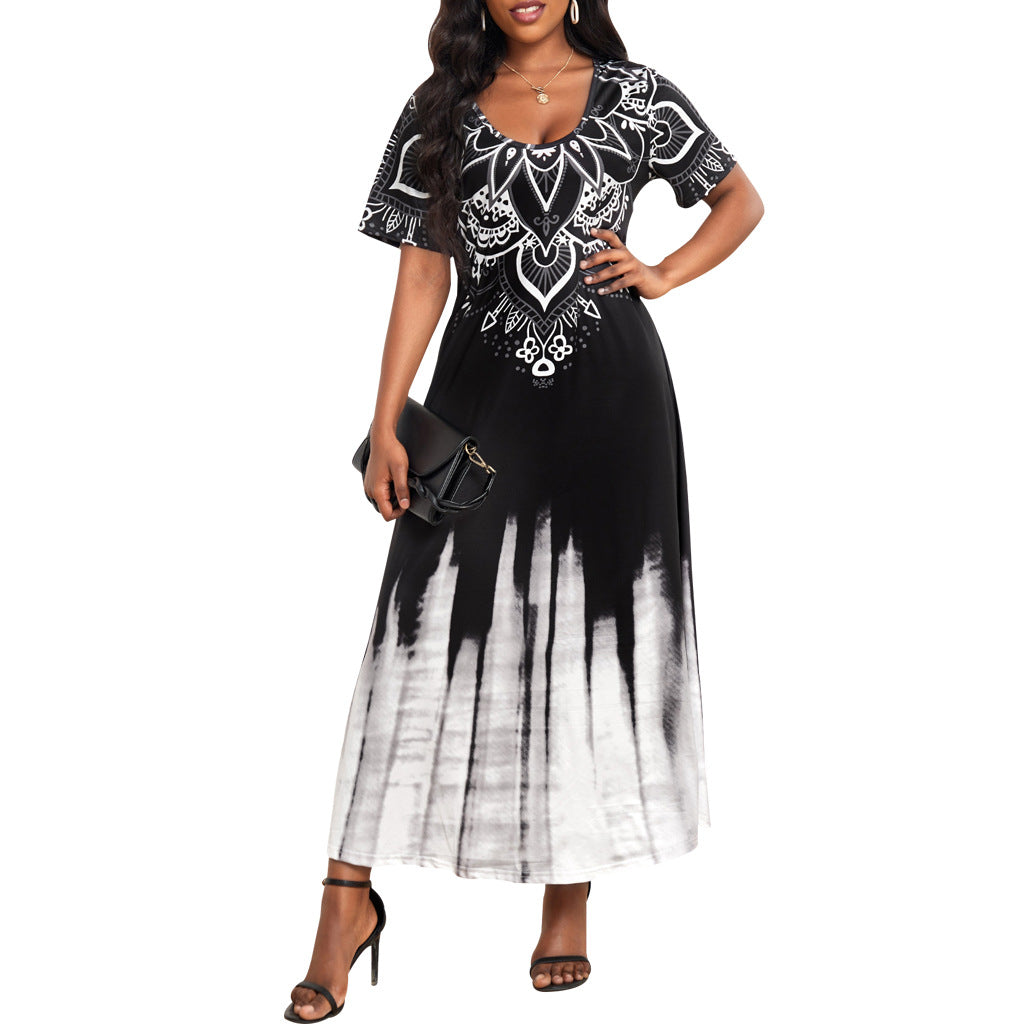 Sexy Fashion Printed U-Neck Short Sleeve Women's Long Dress 5