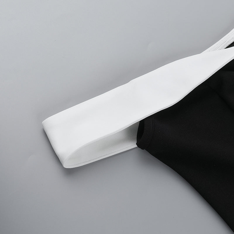 Summer Off Shoulder Contrast Color Elegant Slim Waist Tight Fitting Short Dress 12