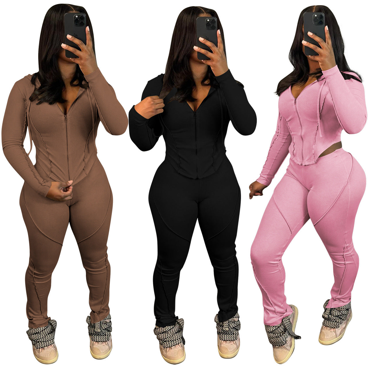 Women's Fashion Casual Ribbed Hooded Two-Piece Pants Set 3