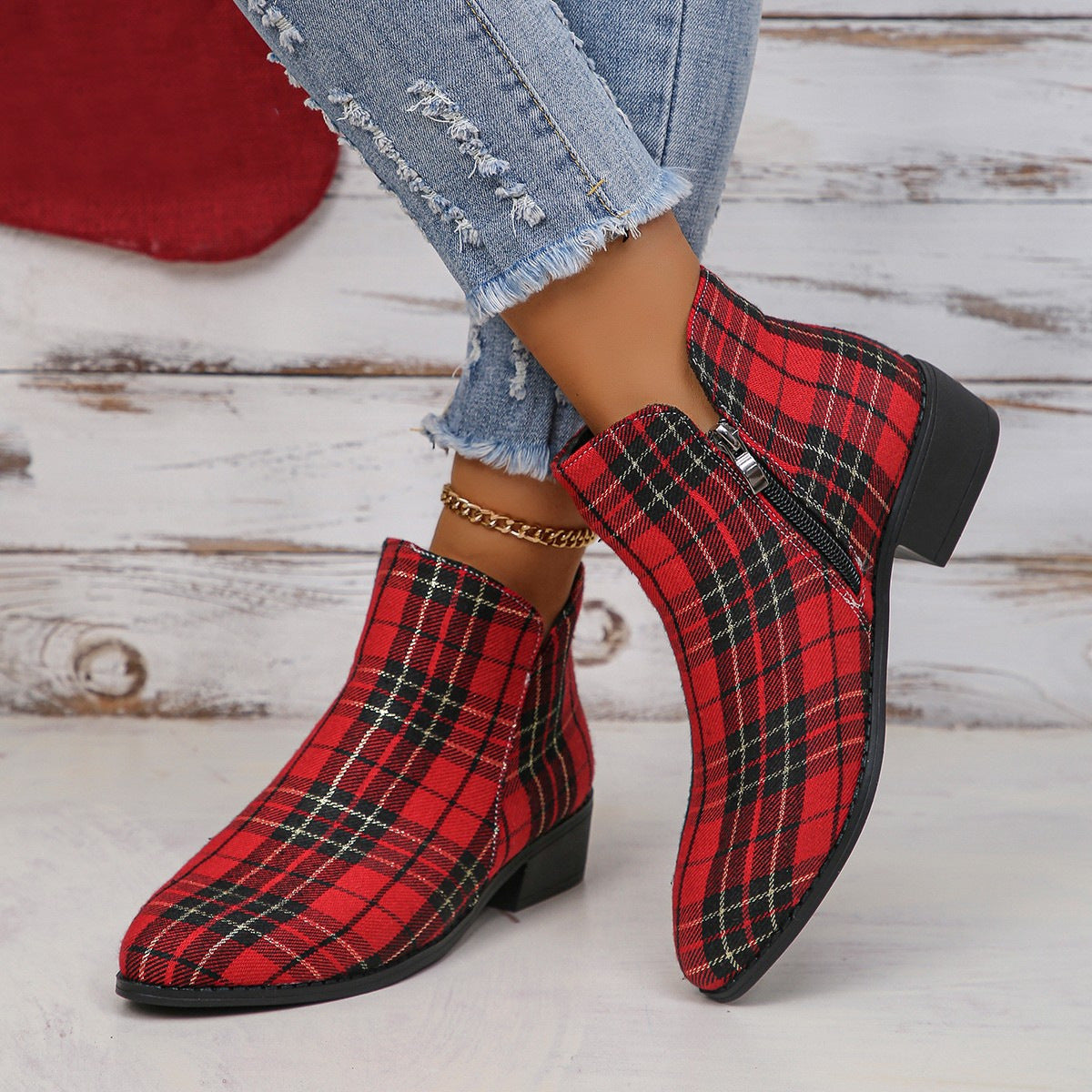 Women Vintage Red Plaid Fashion Boots 5