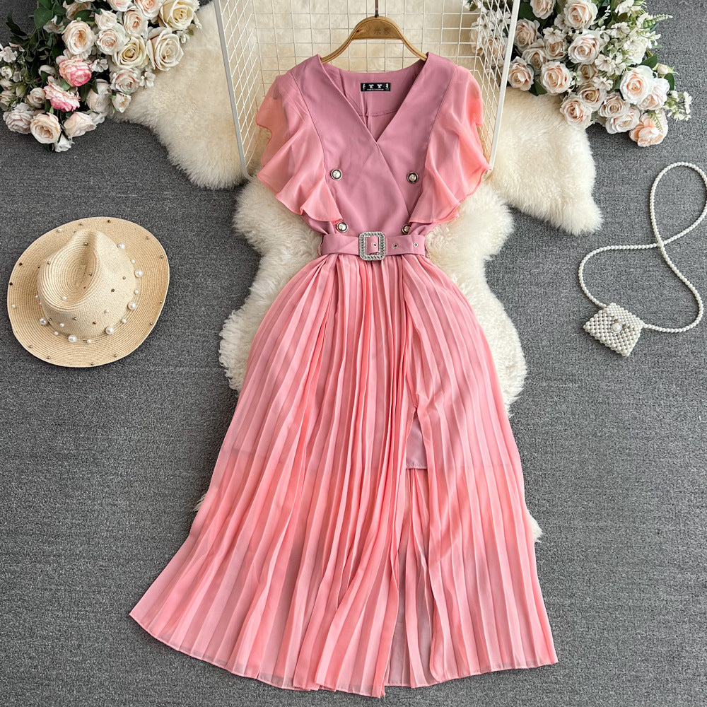 Women Contrast Color Flying Sleeve Collar Slit Pleated Dress 9