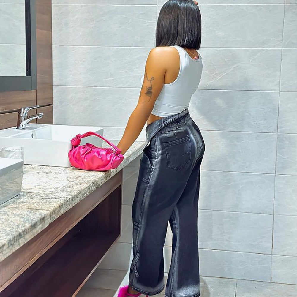 Women Vintage High Waist Denim Loose Straight Pants 4