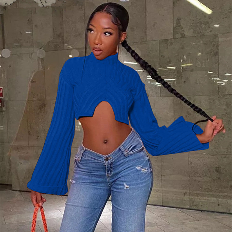 Autumn And Winter Sweater Solid Color Women Casual Long Sleeve Round Neck Classic Tight Fitting Irregular Crop Mid-Waist Women's Clothing 12