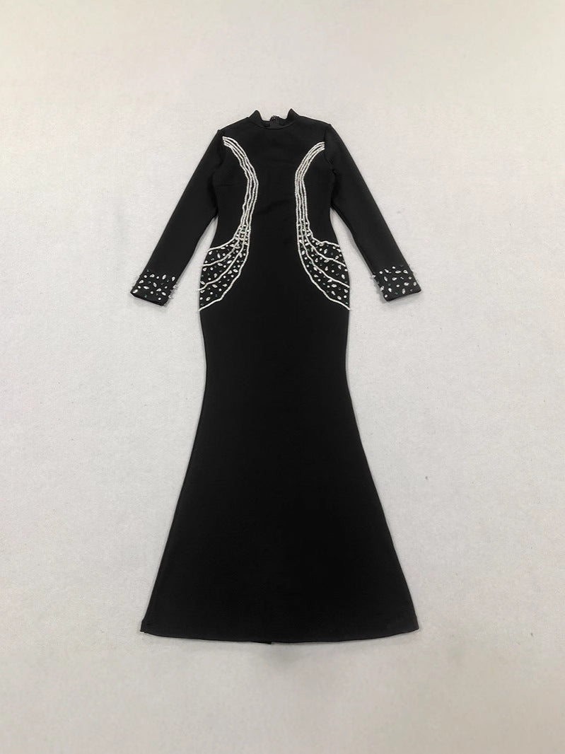 Fall/Winter Long-Sleeve Bandage Dress Rhinestone High Neck Party Gown 5