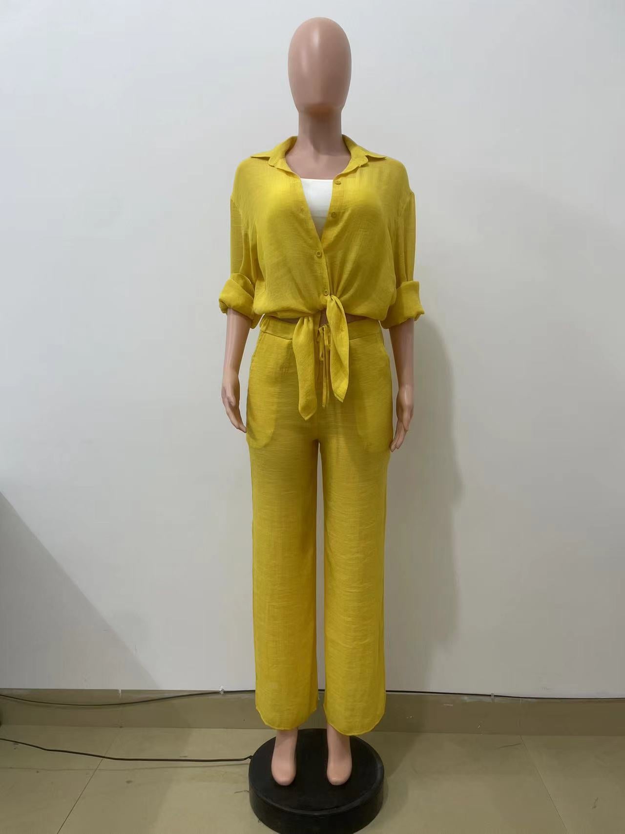 Women Casual long-sleeved shirt and straight pants two-piece set 7