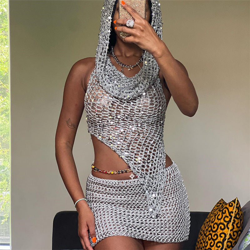 Summer Women Sexy Hollow Sequins Top and Bodycon Skirt Two-piece Set 5