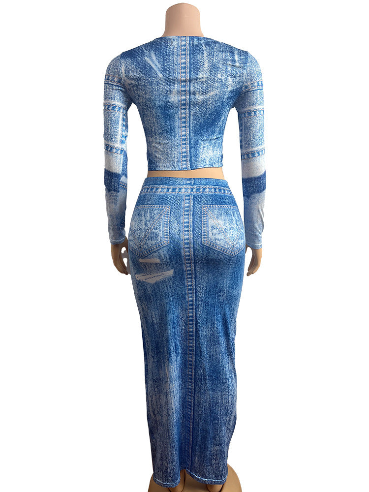 Women Fall Denim Print Round Neck Long Sleeve Top and Skirt Two-piece Set 5