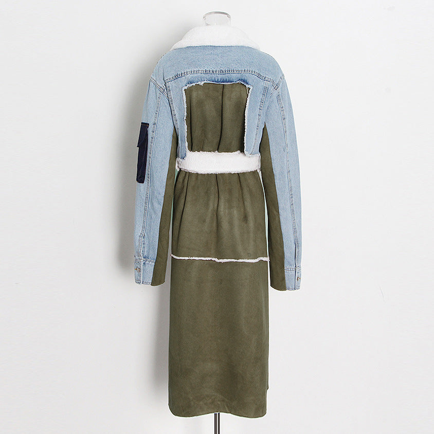 Women Autumn/Winter Turndown Collar Long Sleeve Lace-Fly Lamb Maxi Colorblock Denim Coat 17