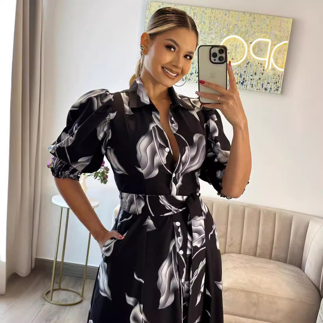 Chic Printed Puff Sleeve Ruffle Casual Women's Long Dress 4