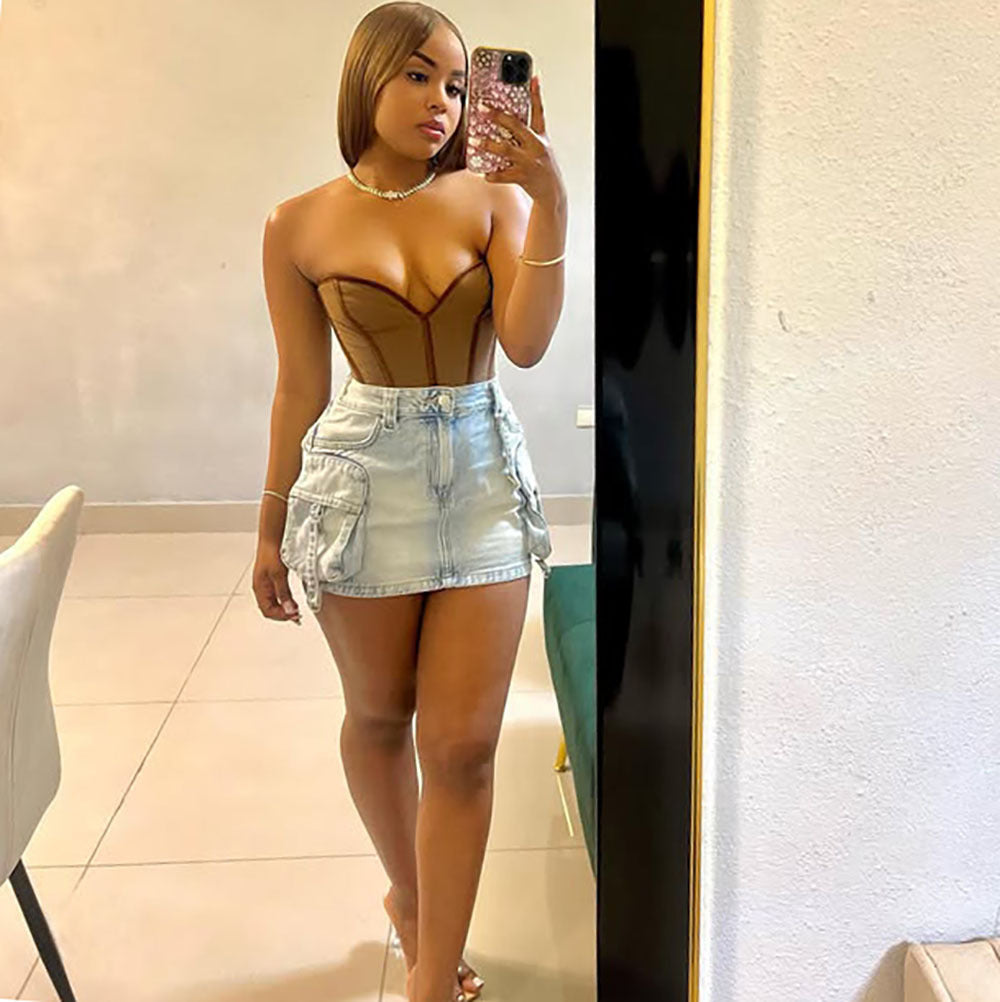 Women's Multi-Pocket Bodycon Denim Skirt 3