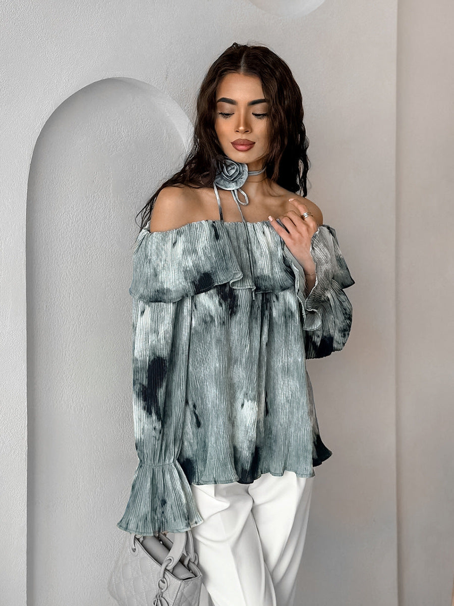 Women Floral Casual Print Off Shoulder Lace-up Bell Bottom Sleeve Top 5