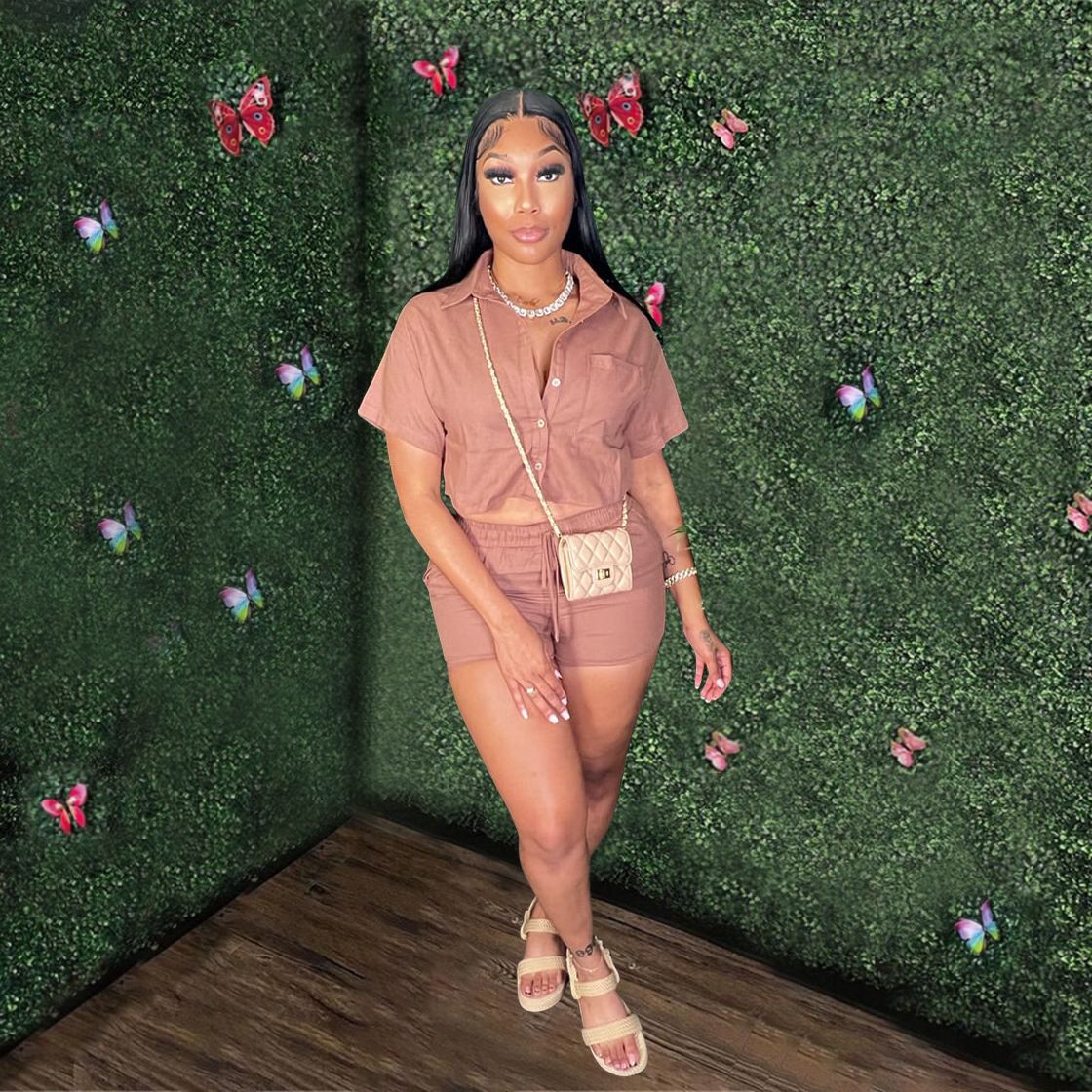 Ladies Short Sleeve Shirt Set Elastic Pocket Shorts Two-Piece Set 3