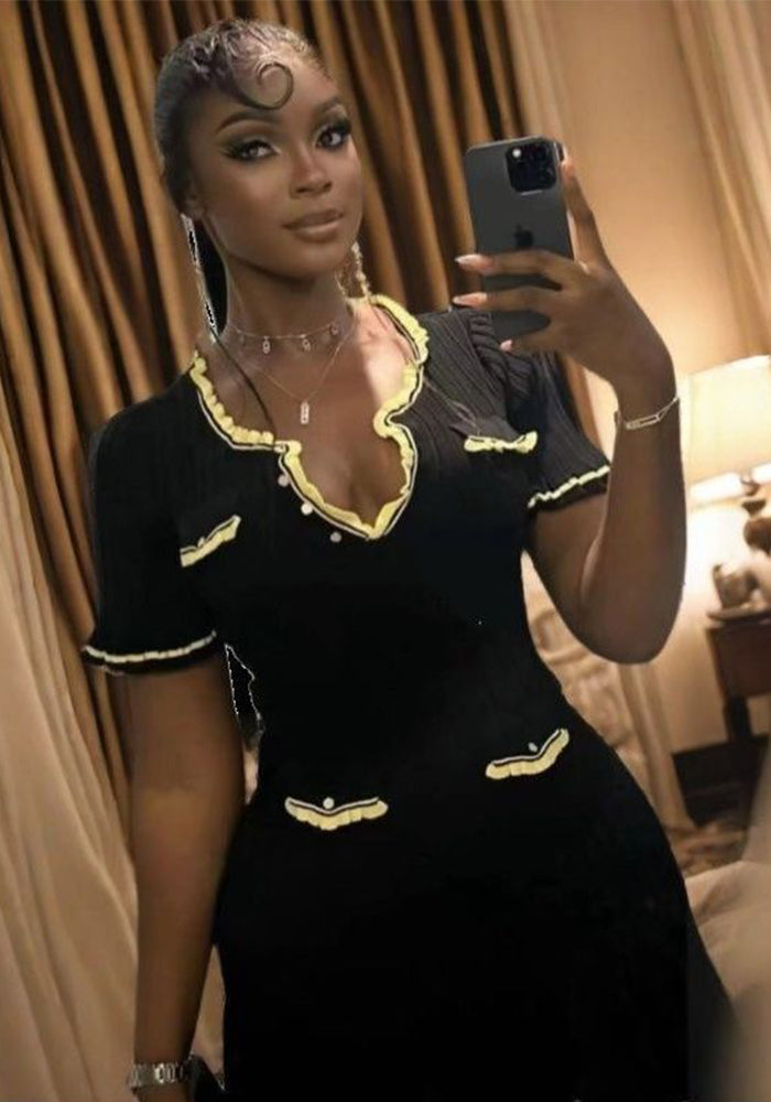 Women French Elegant Contrast Color Fishtail Skirt Pleated Dress