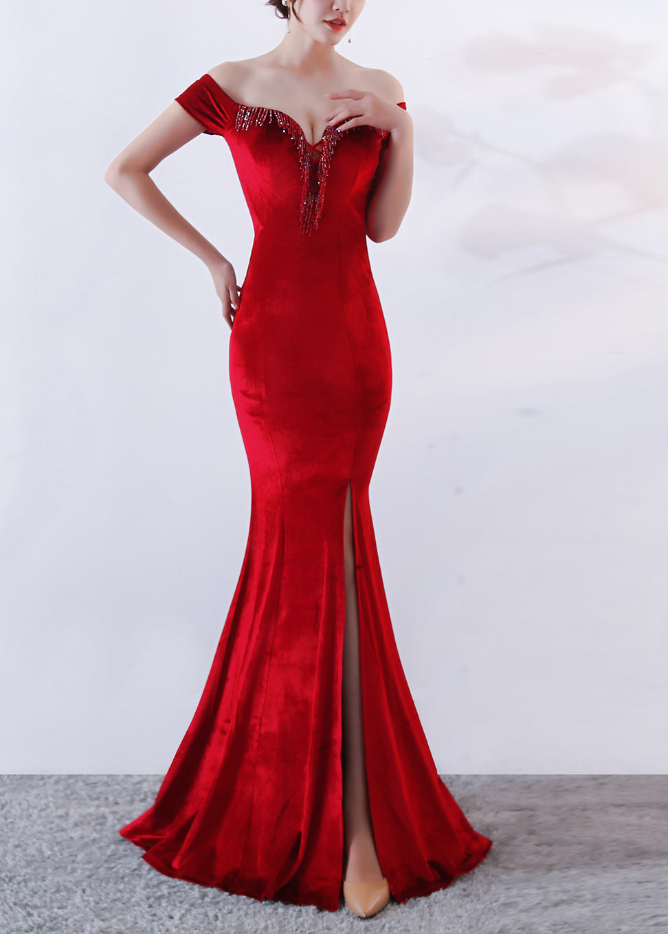 sexy off shoulder mermaid long velvet Formal Party evening dress 8