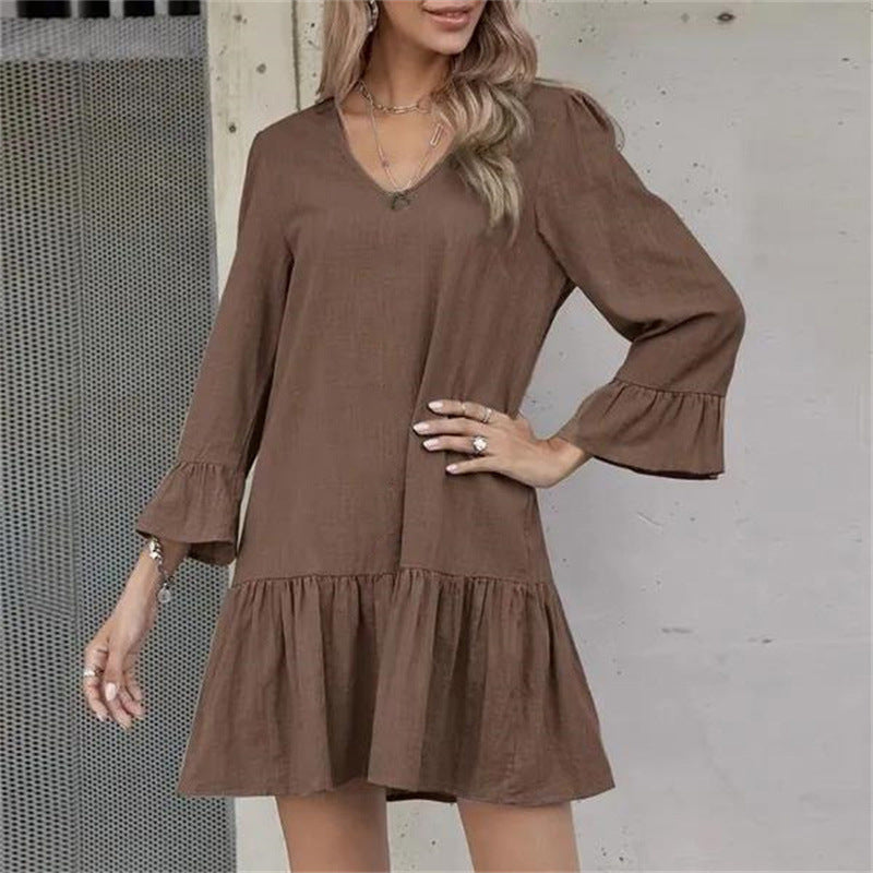 Women's Midi Loose Solid Color Pleated Bell Bottom Half-Sleeve Women's Linen Dress 13