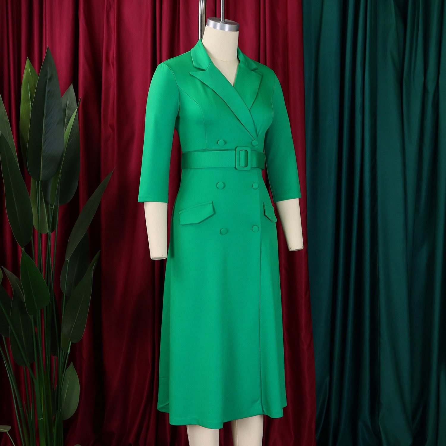 Women's Fashion Chic Double Breasted Turndown Collar Solid Color Career Dress 12