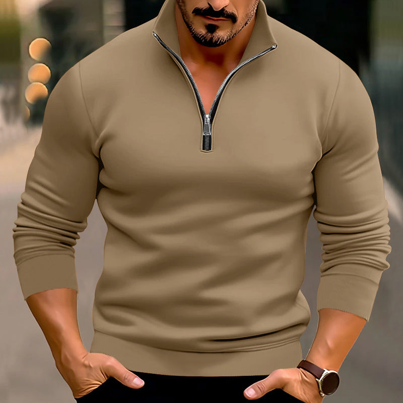 Spring And Winter Men's Casual Solid Color Long-Sleeved Zip Stand Collar T-Shirt Tops For Men 9