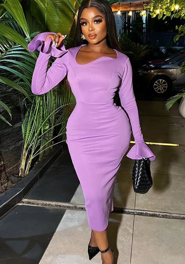 Fashionable Round Neck Solid Color Bell Bottom Sleeve Slit Slit Midi Dress