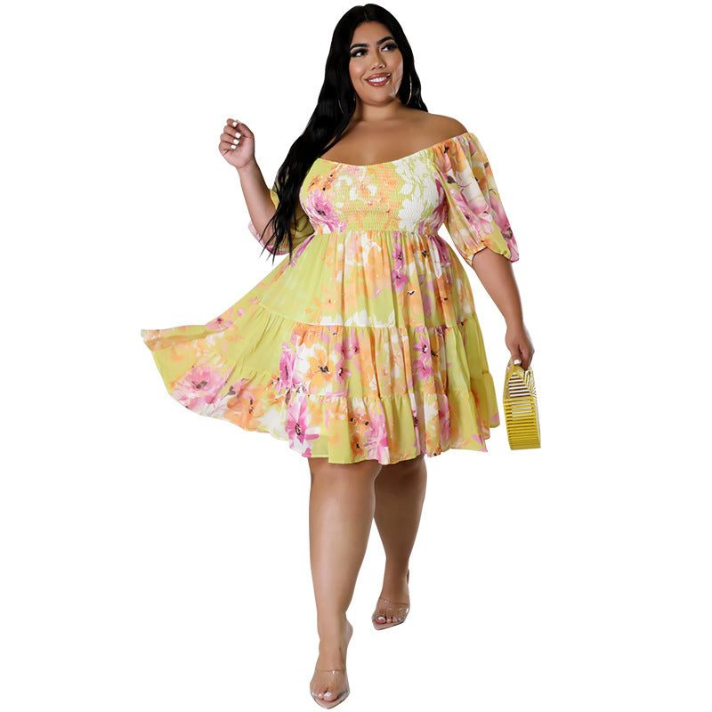 Plus Size Women's Summer Sexy Off Shoulder Print Casual Loose Dress 9