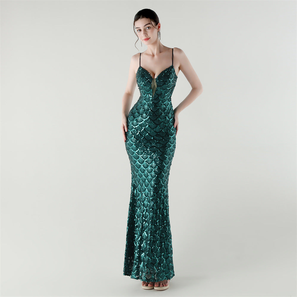 Deep V Strap Slim Fishtail Formal Party Evening Dress 19