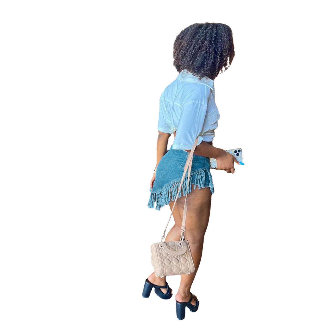 Women Denim Stretch Diagonal Apron Fringed Shorts 6