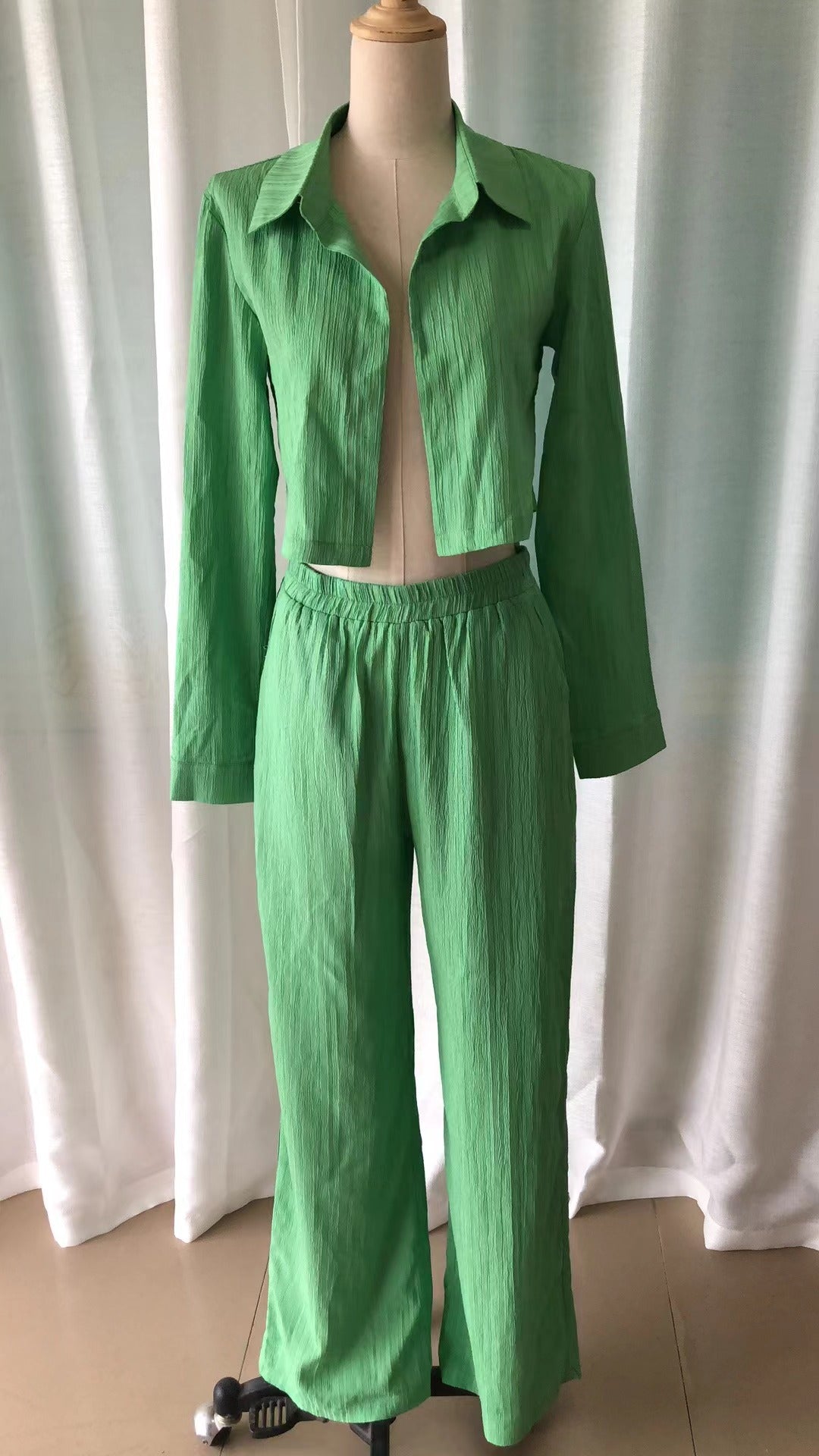 Women's  Autumn And Winter Embossed Style Short Shirt High Waisted Wide Leg Elastic Pants Two-Piece Set 17