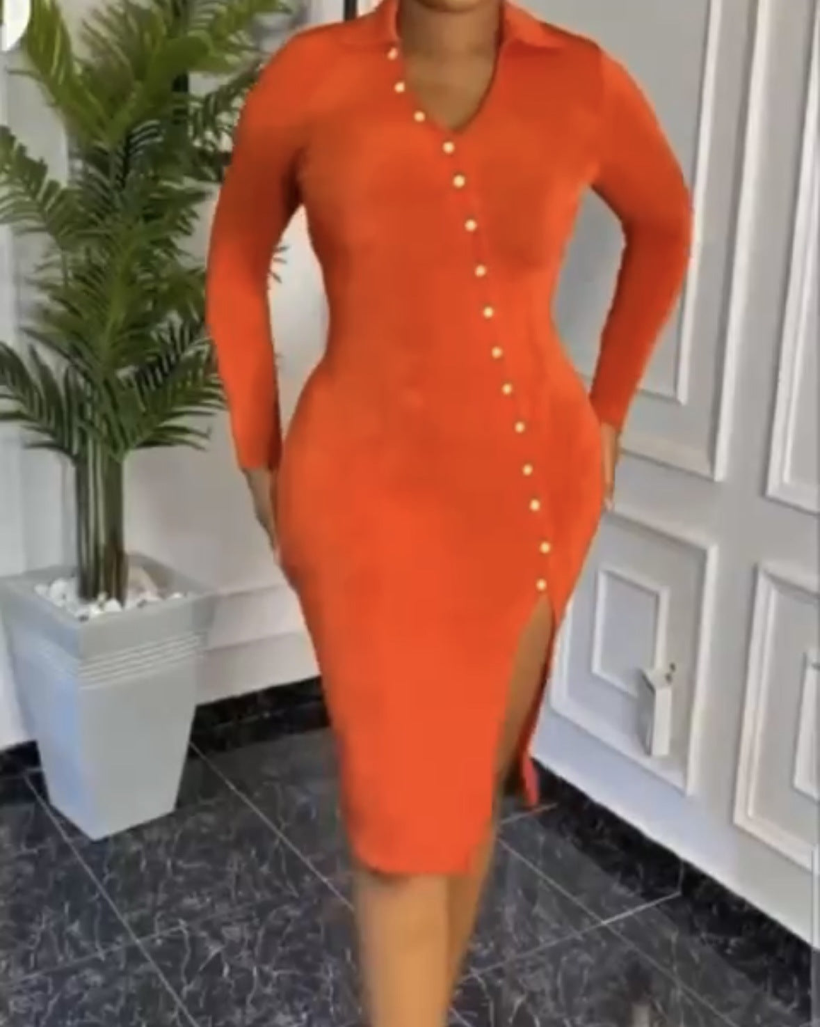 Women Turndown Collar V-Neck Sexy Slit Long Sleeve Solid Bodycon Dress 3