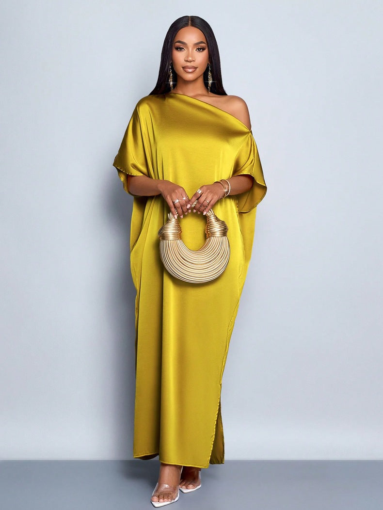 Women autumn satin yellow maxi dress 6