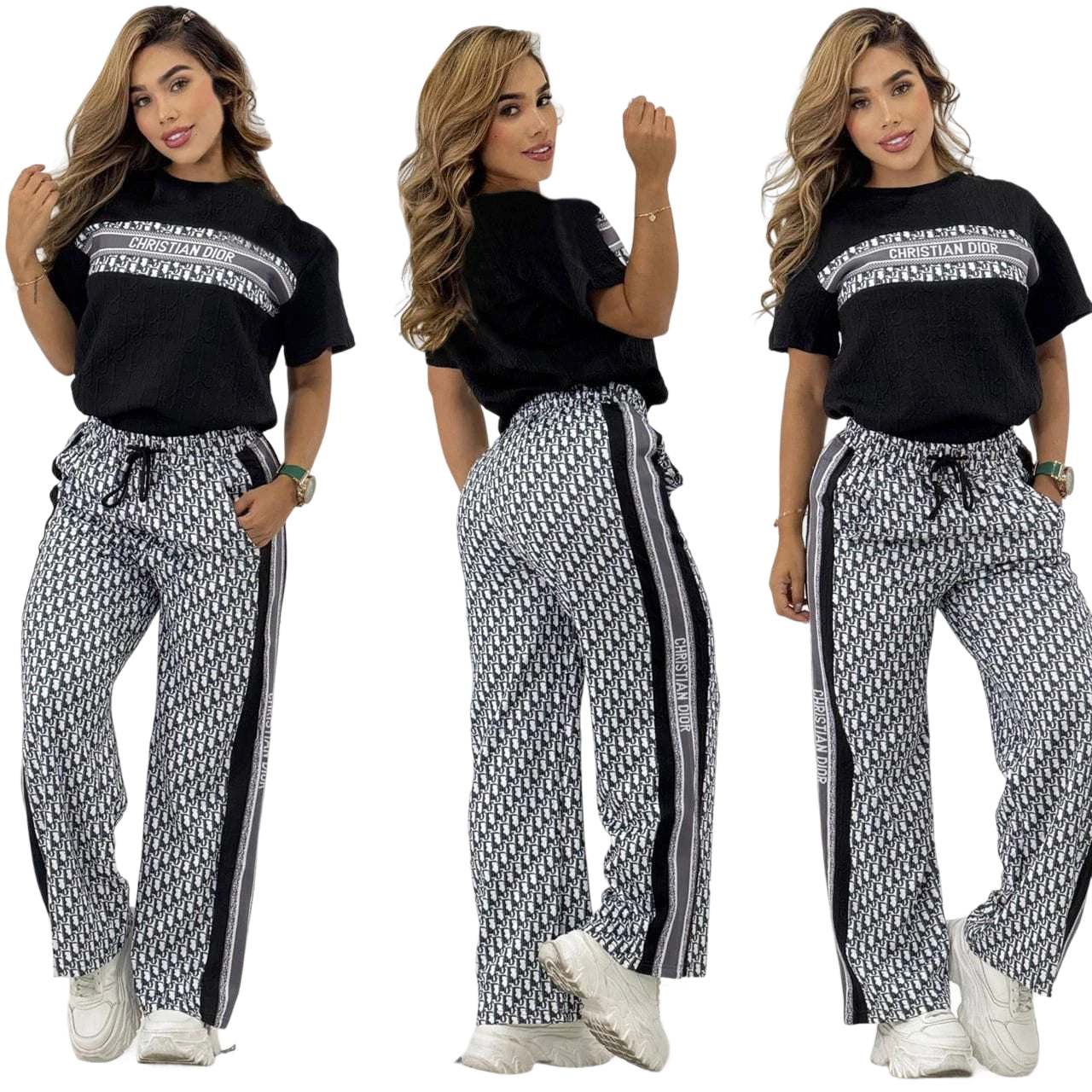 Women  Summer Casual Jacquard Short Sleeve T-shirt And Lace Jacquard Wide Leg Pants Two Piece Set 8