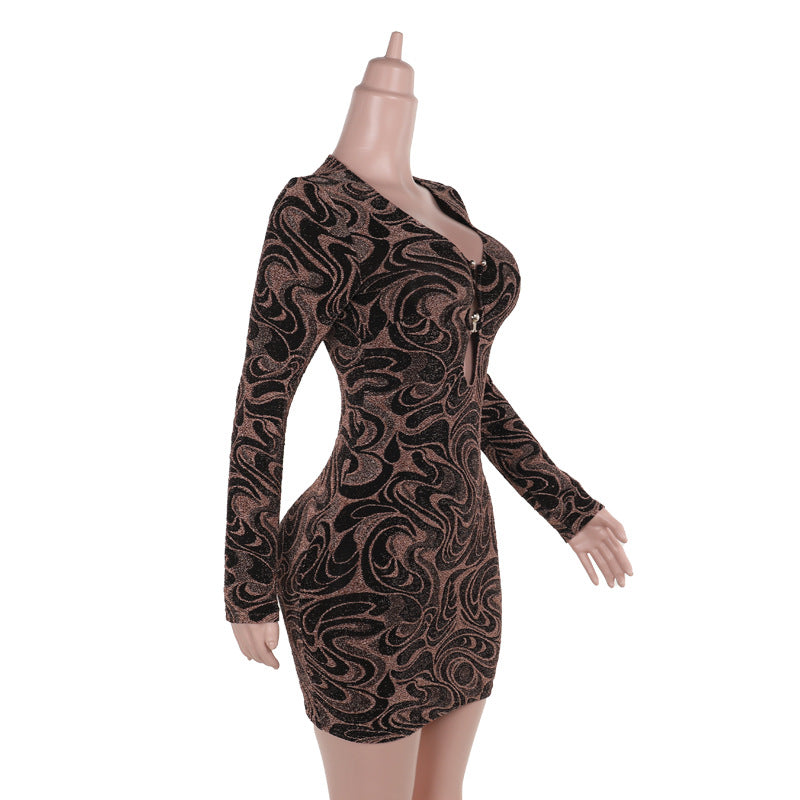 Sexy Deep V Neck Print Hollow Long Sleeve Women Slim Short Dress 8