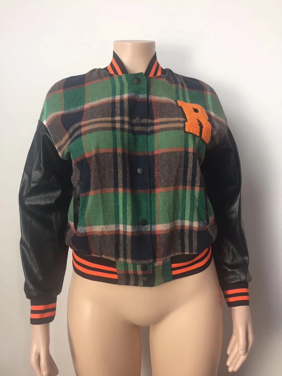 Fall Winter Plus Size Women's Casual Embroidered Ribbed Pu Patchwork Baseball Jacket 9