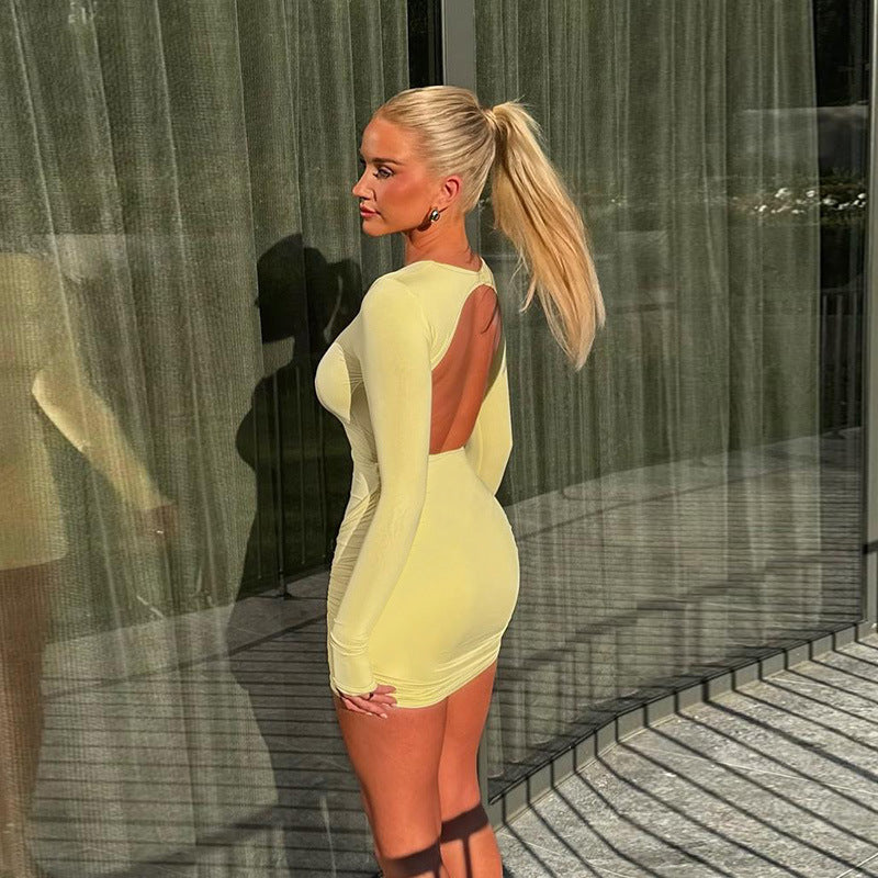 Women Backless Long Sleeve Knot Bodycon Sexy Solid Dress 4
