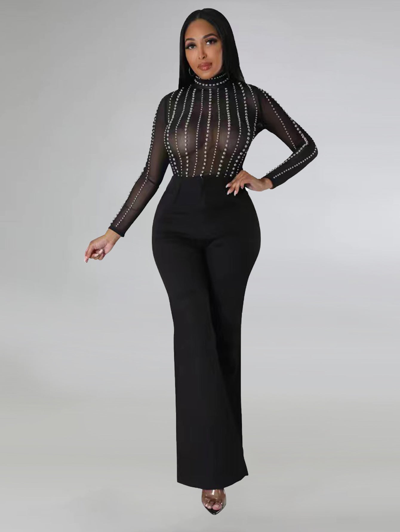 Black Transparent Mesh  Long-Sleeved Top Pants Sexy Nightclub Two-Piece Set