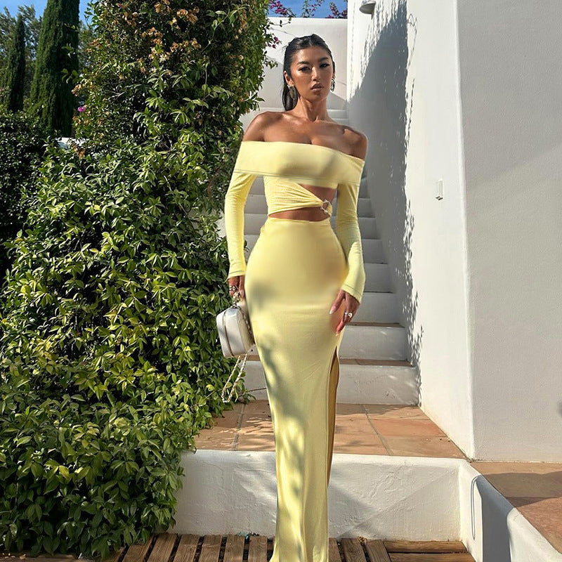 Women strapless hollow slit long-sleeved sexy fall bodycon dress