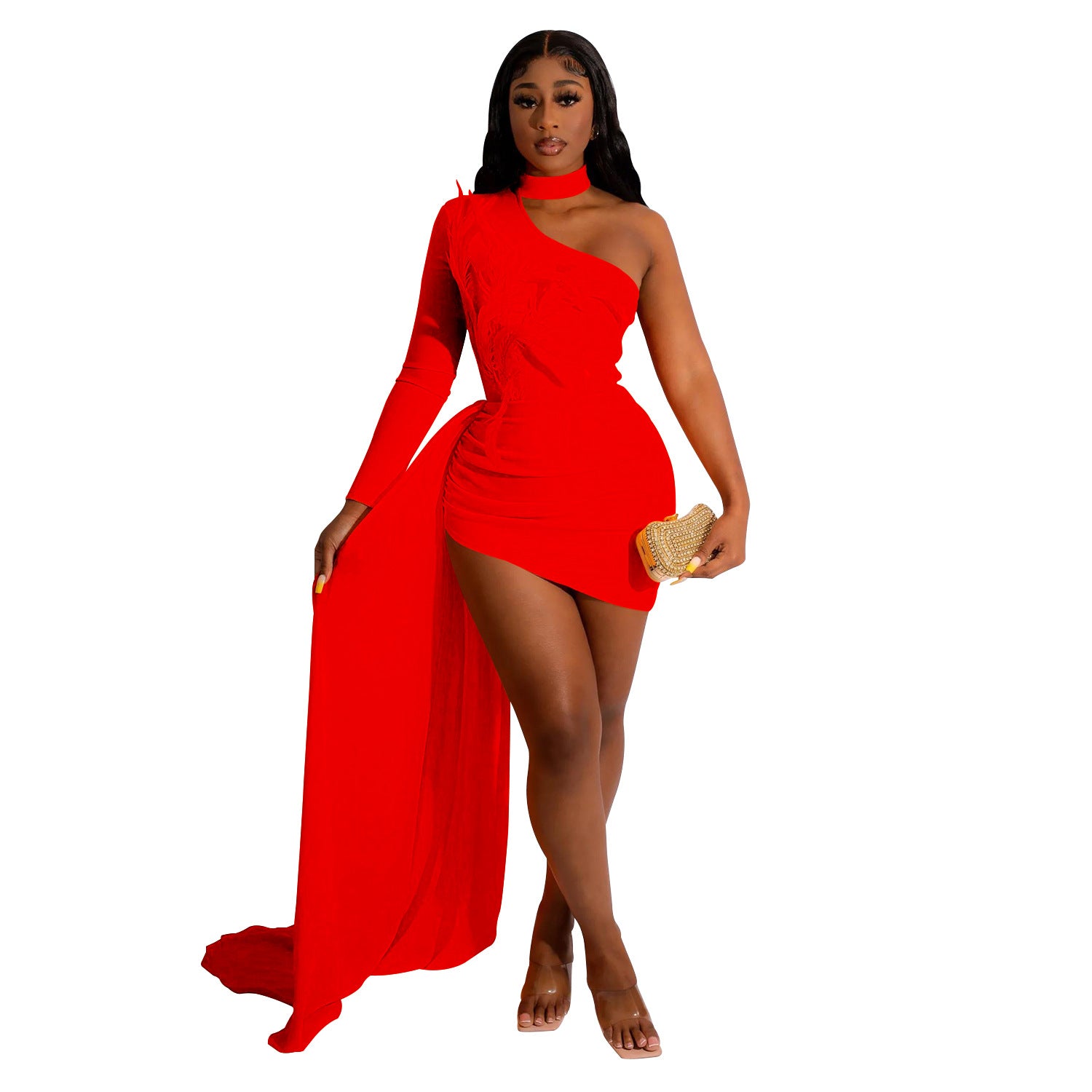 Women Feather One Shoulder Slash Shoulder Dress 8