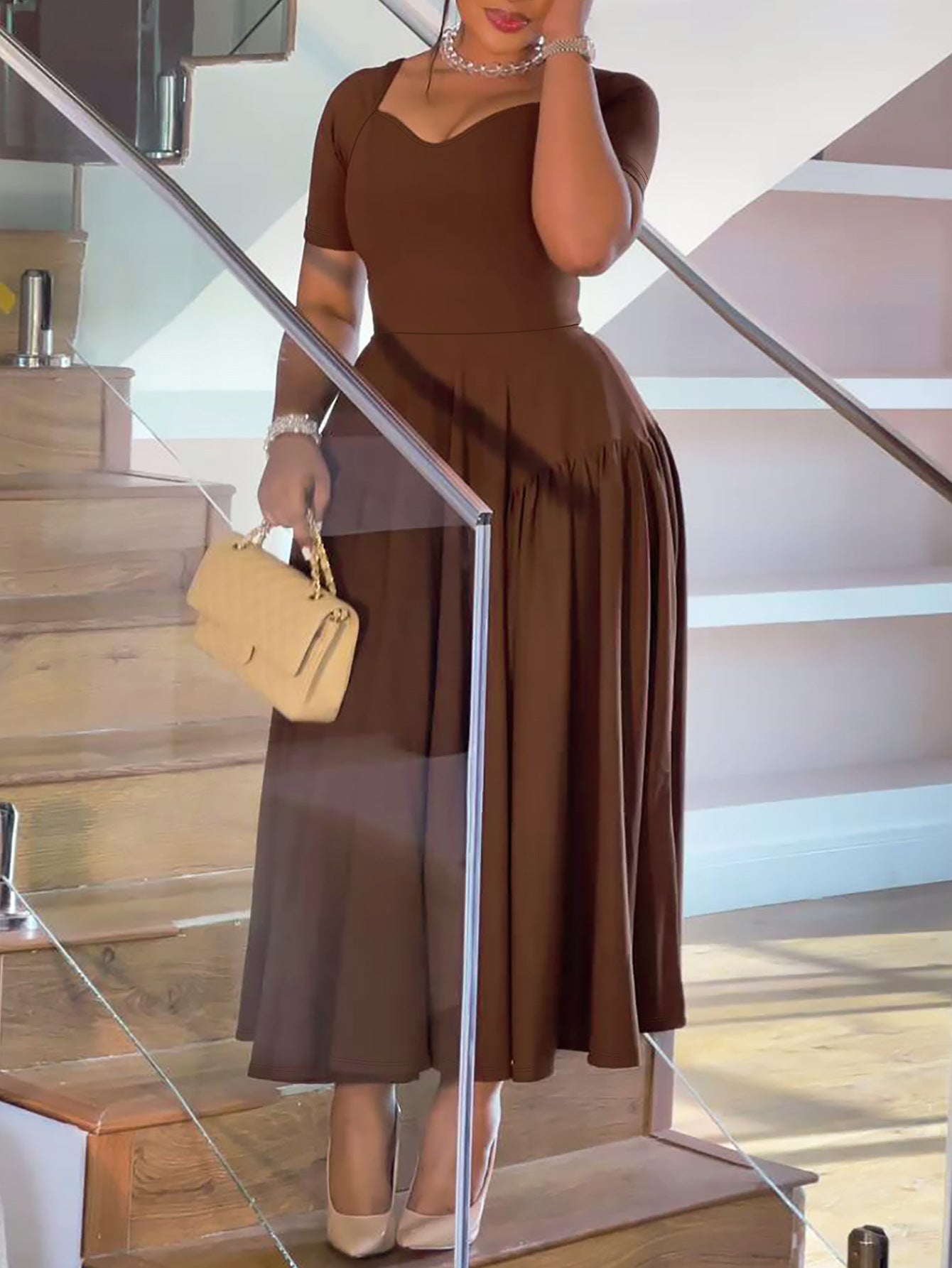 Spring Summer Women's Fashion Elegant Short Sleeve Slim Waist A-Line Plus Size Dress 6